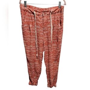 Free People Blood Orange Batik Linen Blend Relaxed Cuffed Cropped Tie Pants